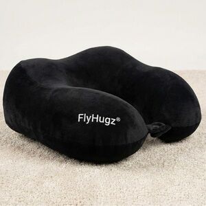FlyHugz Black Travel Neck Pillow - Premium Memory Foam, Ergonomic Support